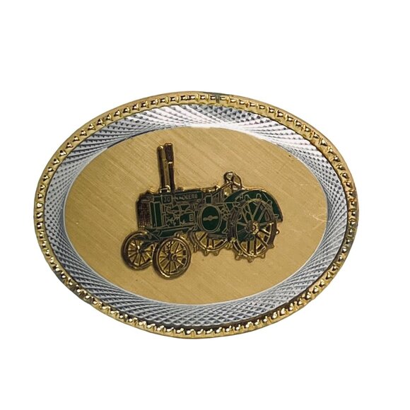 John Deere Silver Tone, Gold Tone & Enamel 2 Cylinder Tractor Belt Buckle (5429) - Picture 1 of 3